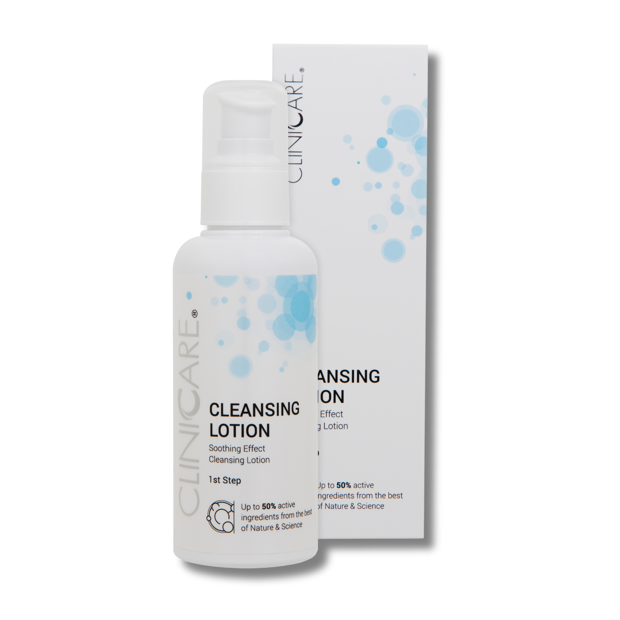 Clinic Care cleansing lotion bottle and packaging on a white background