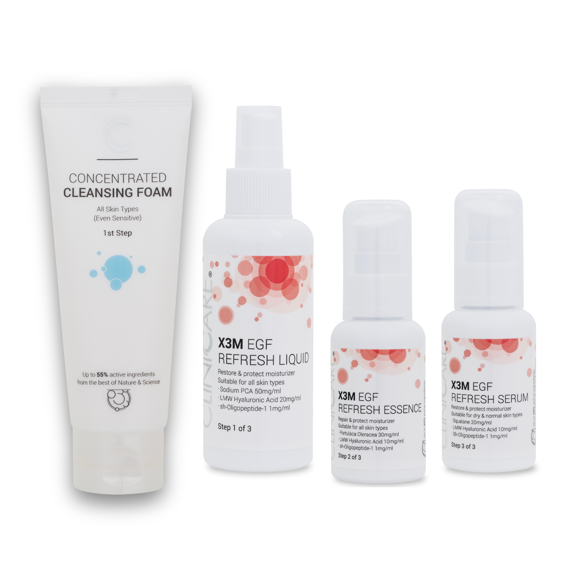 Set of skincare products including a cleanser, liquid, essence, and serum on a white background