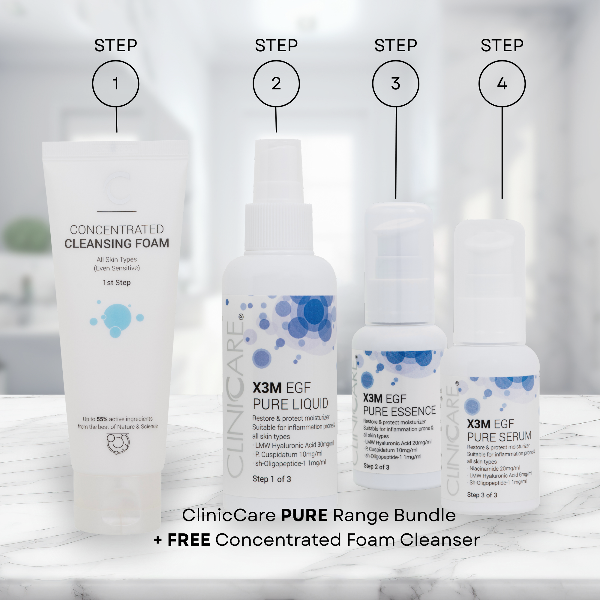 ClinicCare PURE Range skincare products with labeled steps on a marble surface.