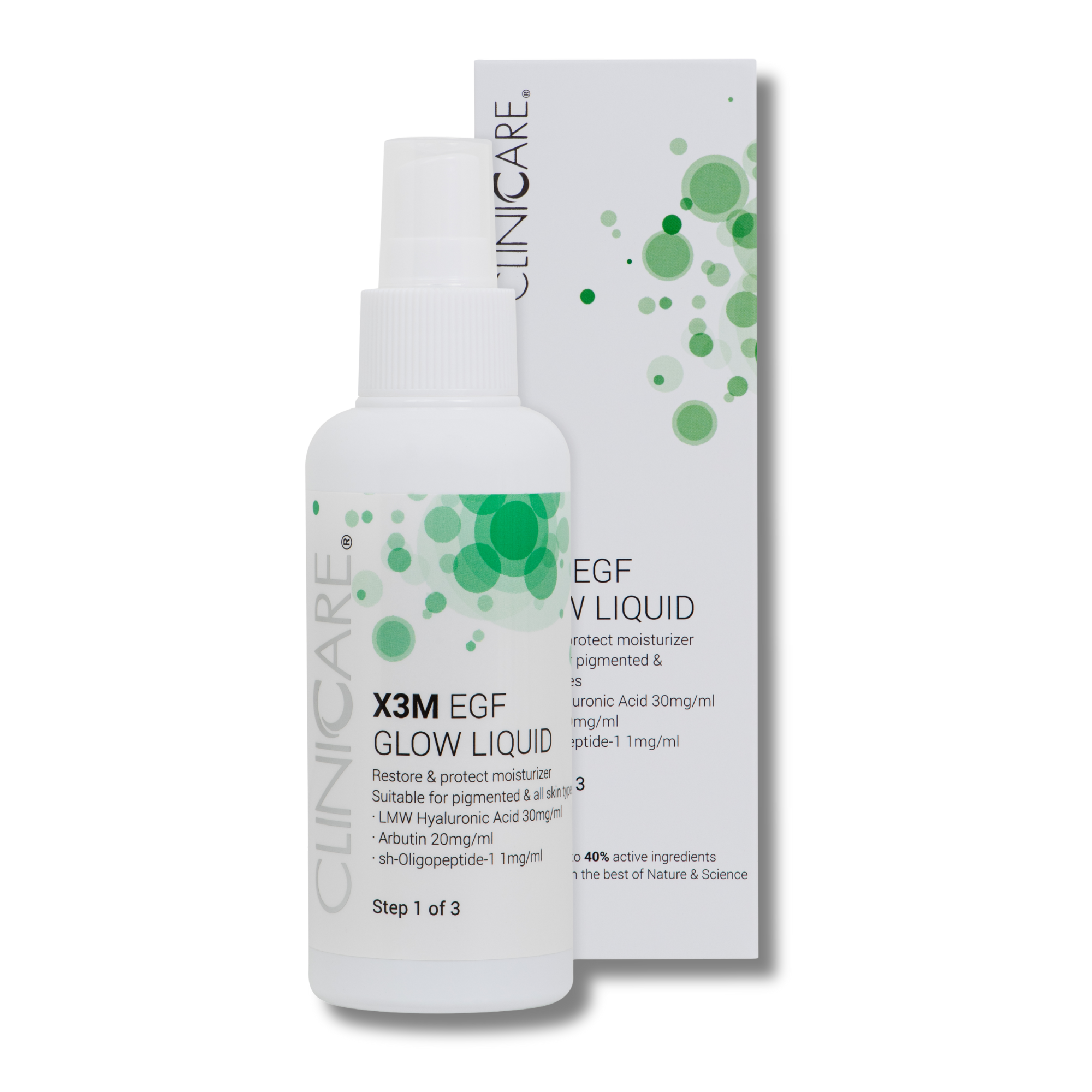 Clinicare EGF Glow Liquid bottle and packaging on a white background
