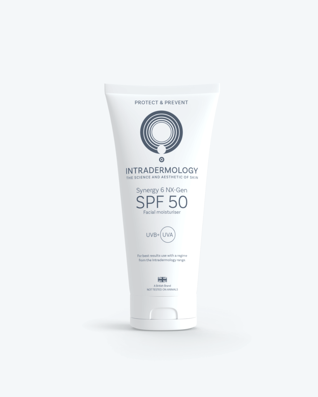 Intradermology SPF 50 sunscreen tube on a white background