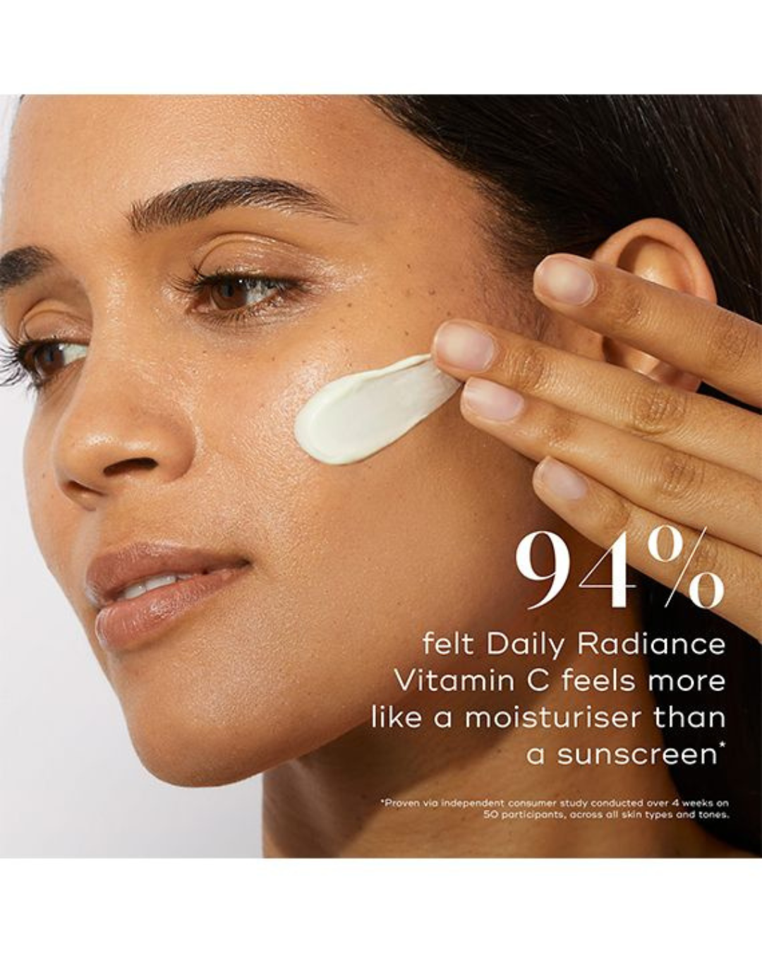Medik8 Daily Radiance Vitamin C cream Woman applying cream to her face with a text overlay about daily radiance and Vitamin C.