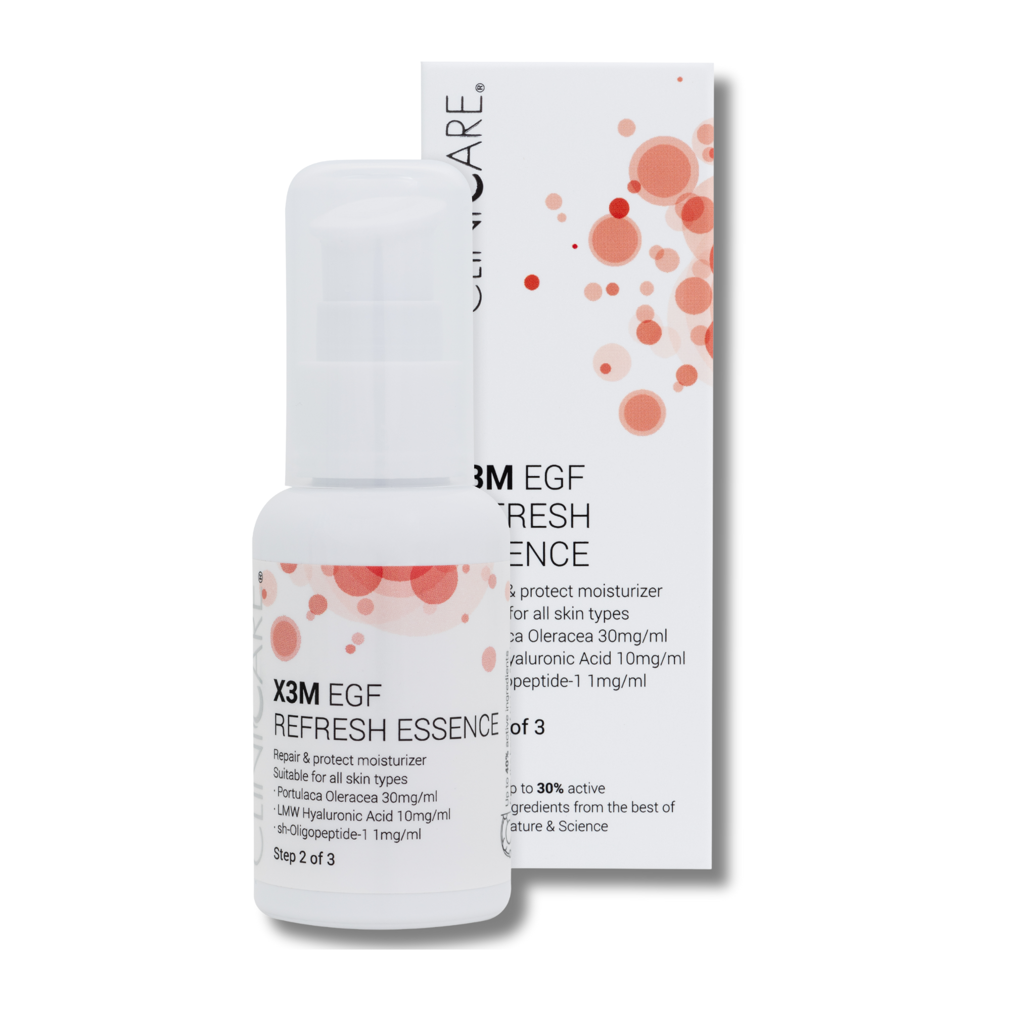 Skincare bottle and packaging with Clinic care refresh essence '3M EGF' text on a white background