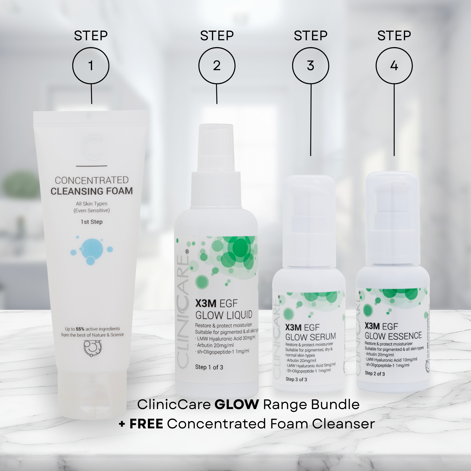 ClinicCare GLOW Range Bundle with four skincare products on a marble surface.
