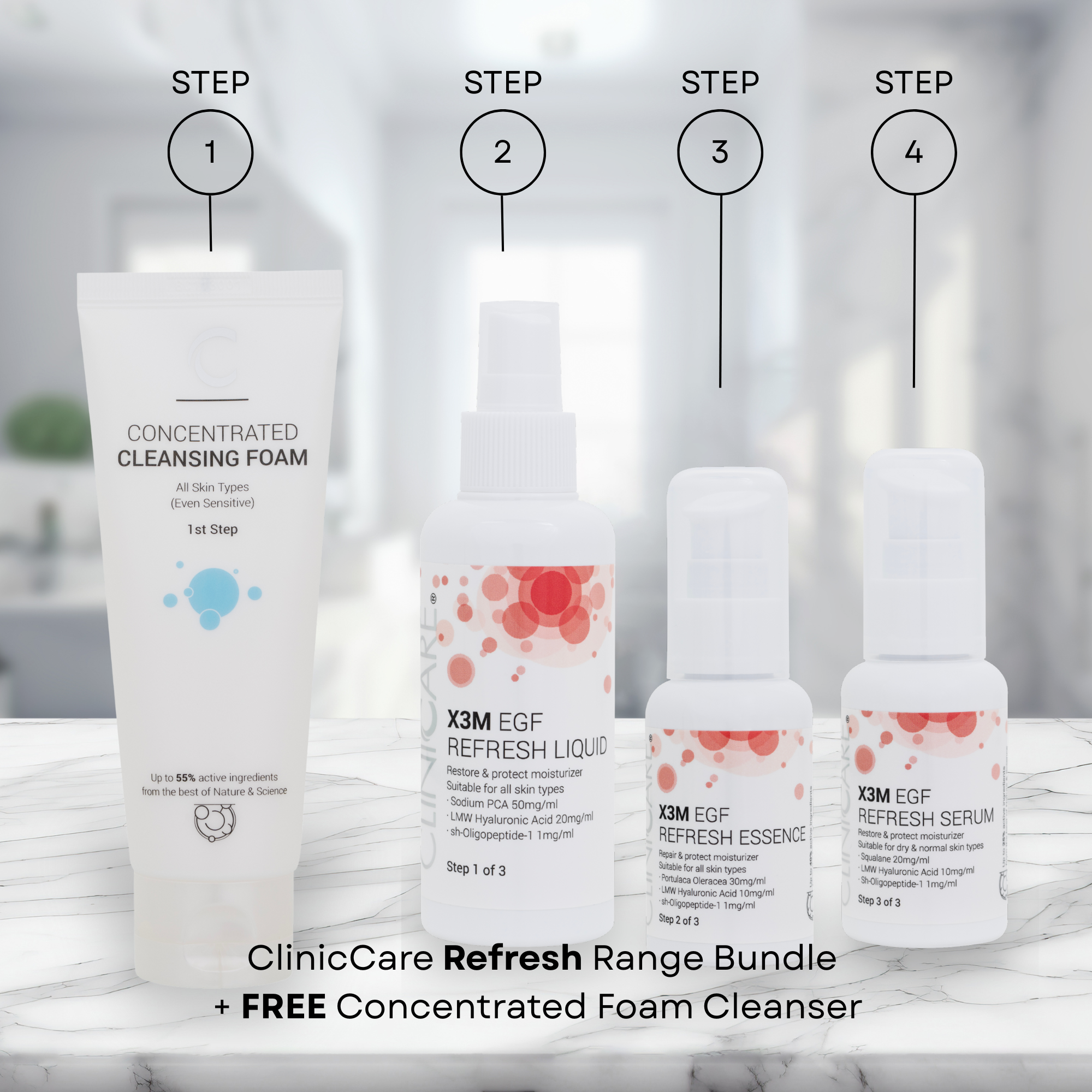 ClinicCare Refresh Range Bundle with step-by-step icons and product packaging on a marble surface.