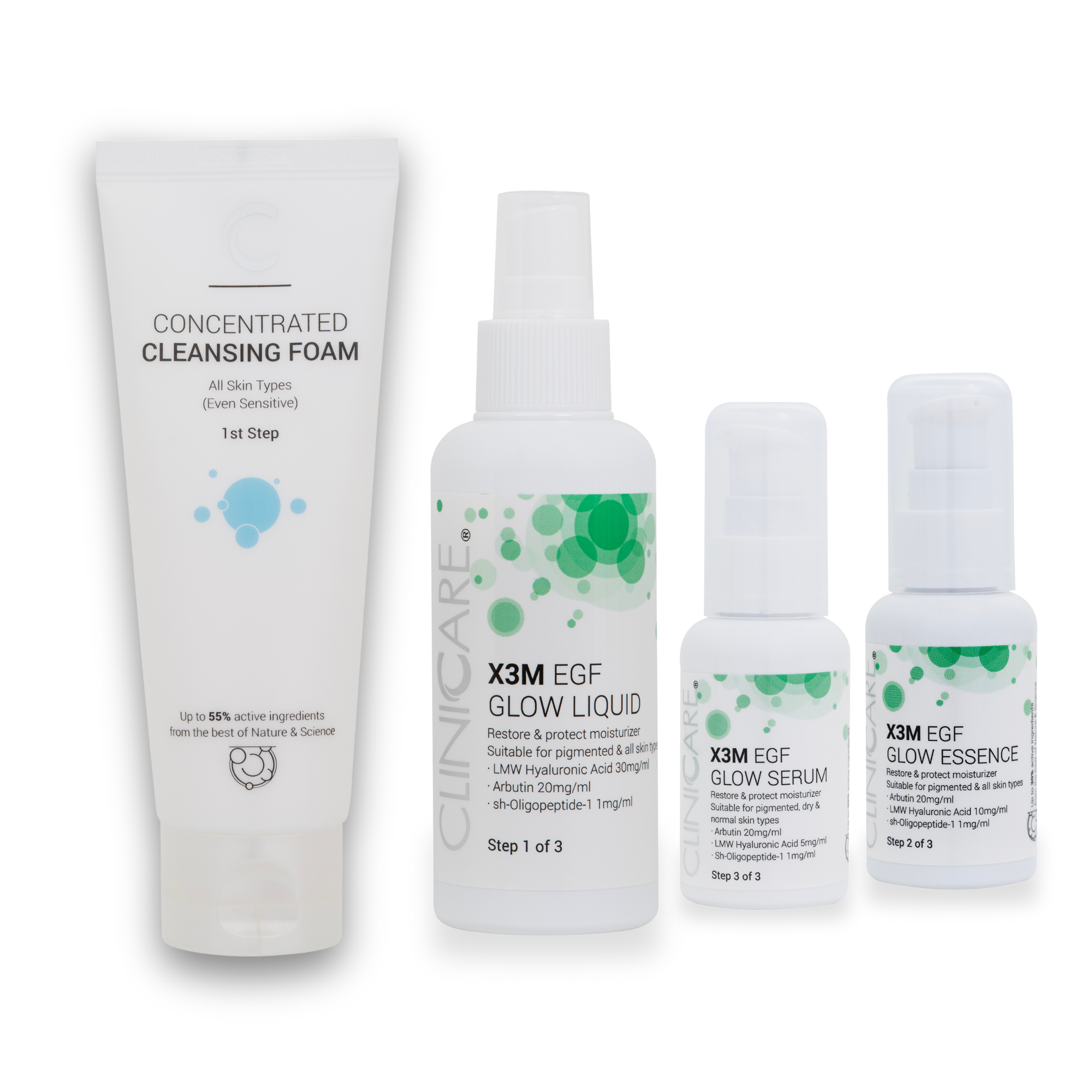 Set of skincare products including Concentrated Cleansing Foam, X3M EGF Glow Liquid, X3M EGF Glow Serum, and X3M EGF Glow Essence on a white background.