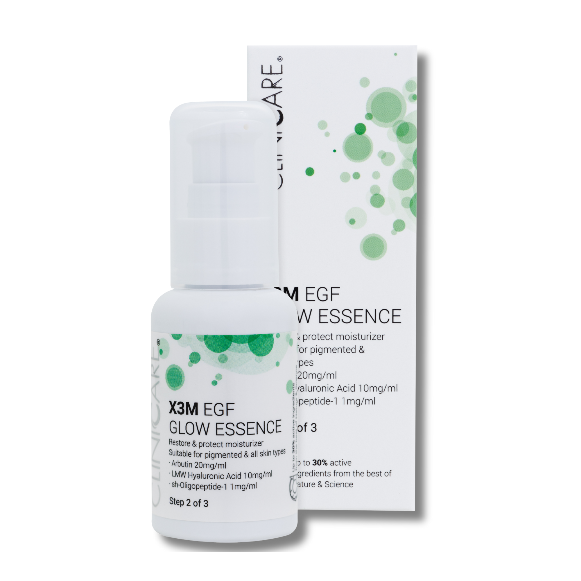 Skincare bottle and packaging labeled 'X3M EGF Glow Essence' on a white background