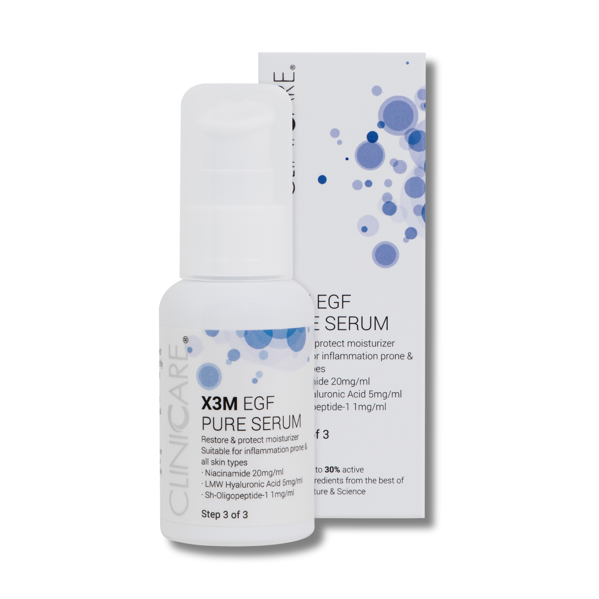 Clinic care X3M EGF Pure Serum bottle with packaging on a white background