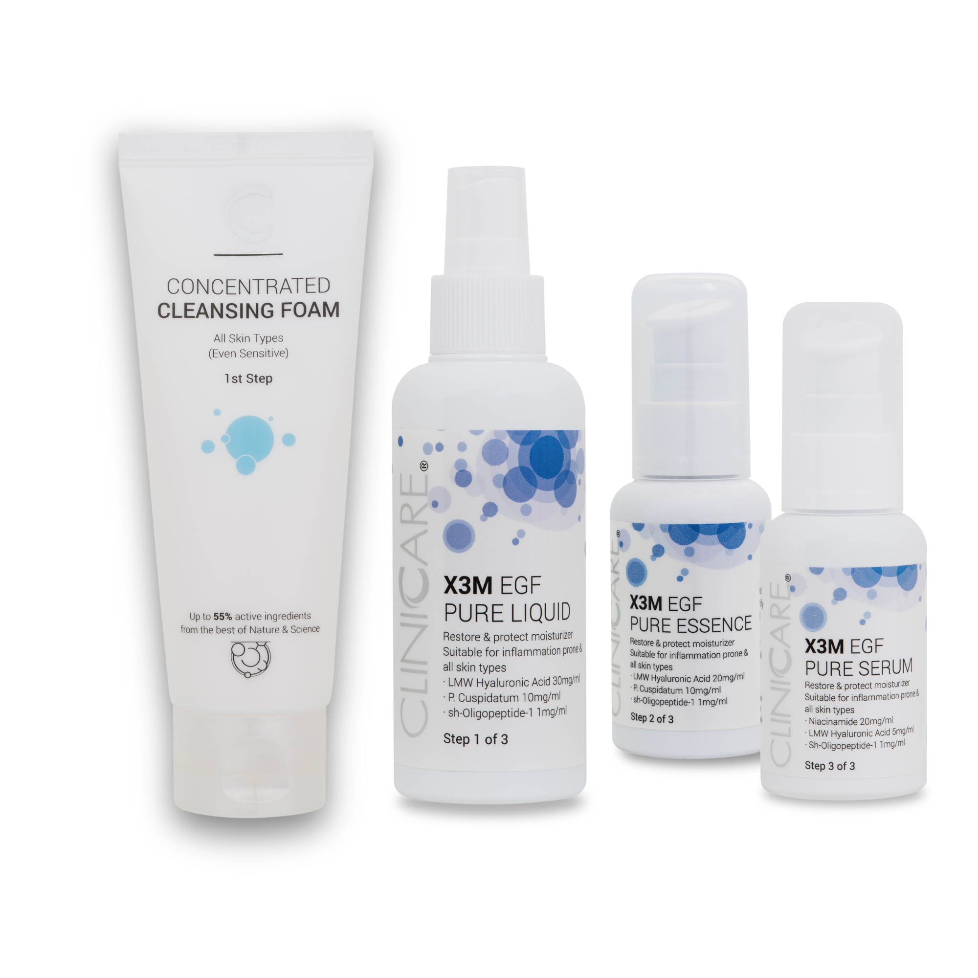 Set of skincare products including a tube and three bottles on a white background. clinicare pure
