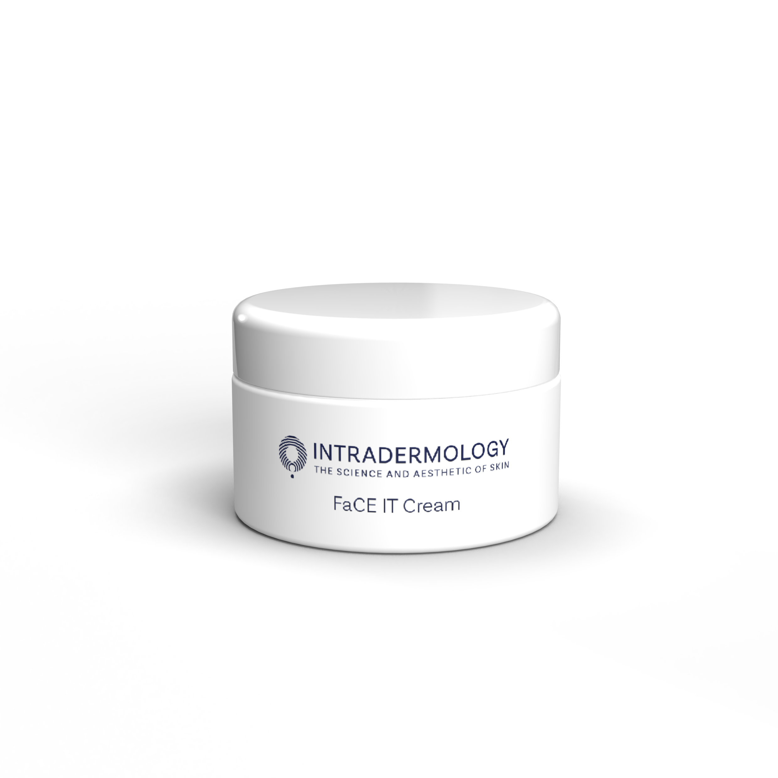 White jar of FaCE IT Cream from Intradermology on a white background
