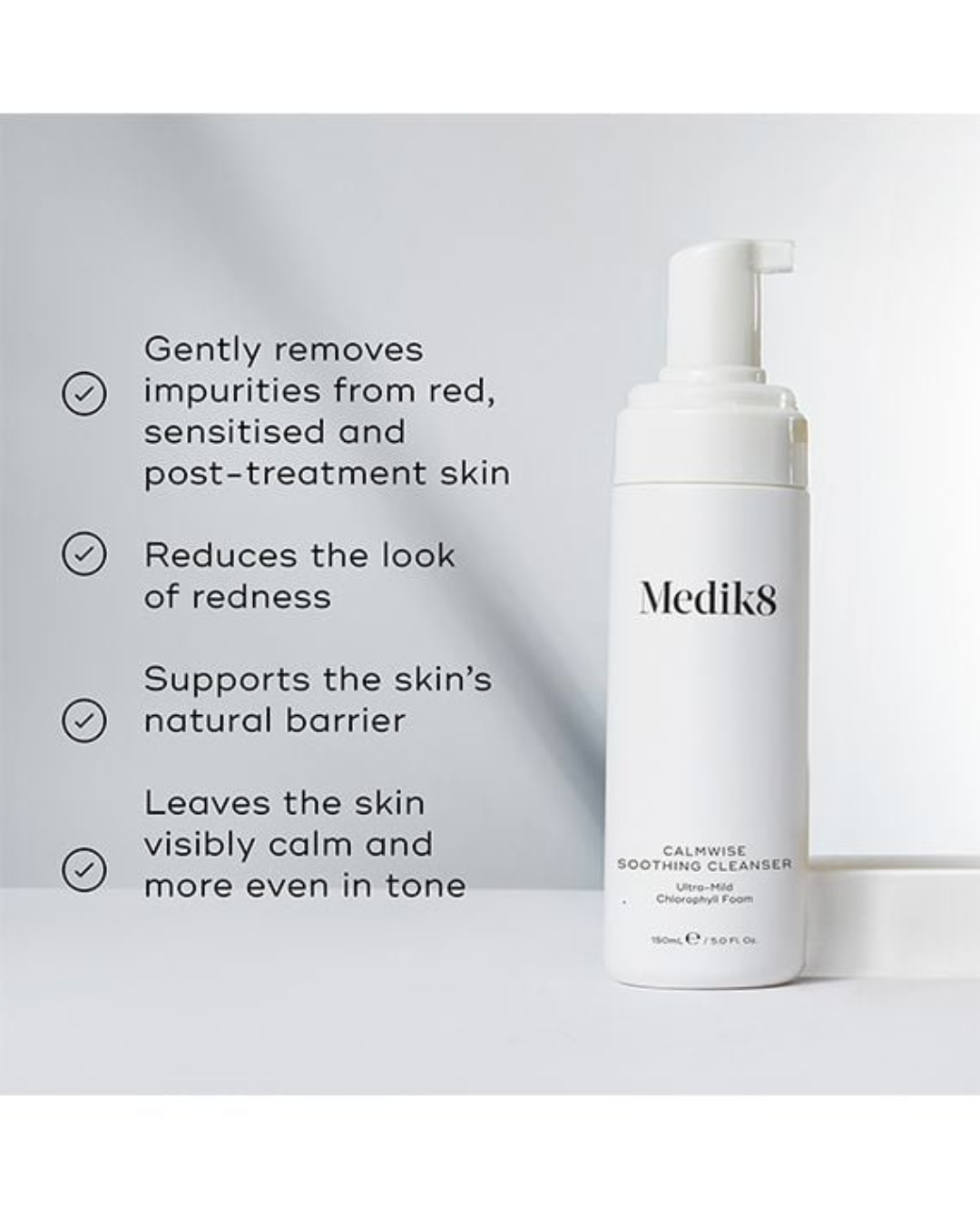 Mediks cleanser bottle with product benefits text on a light gray background