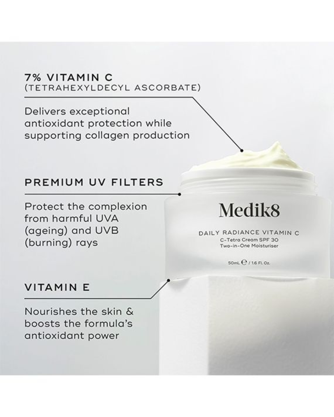 Medik8 Daily Radiance Vitamin C cream with text detailing its ingredients and benefits on a light gray background.