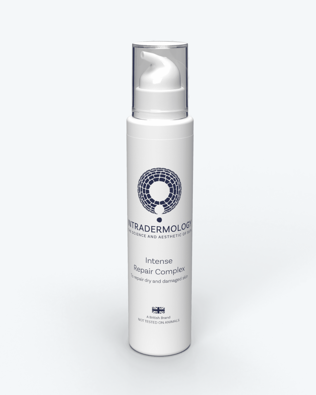 Skincare bottle labeled intradermology intense repair complex  on a white background